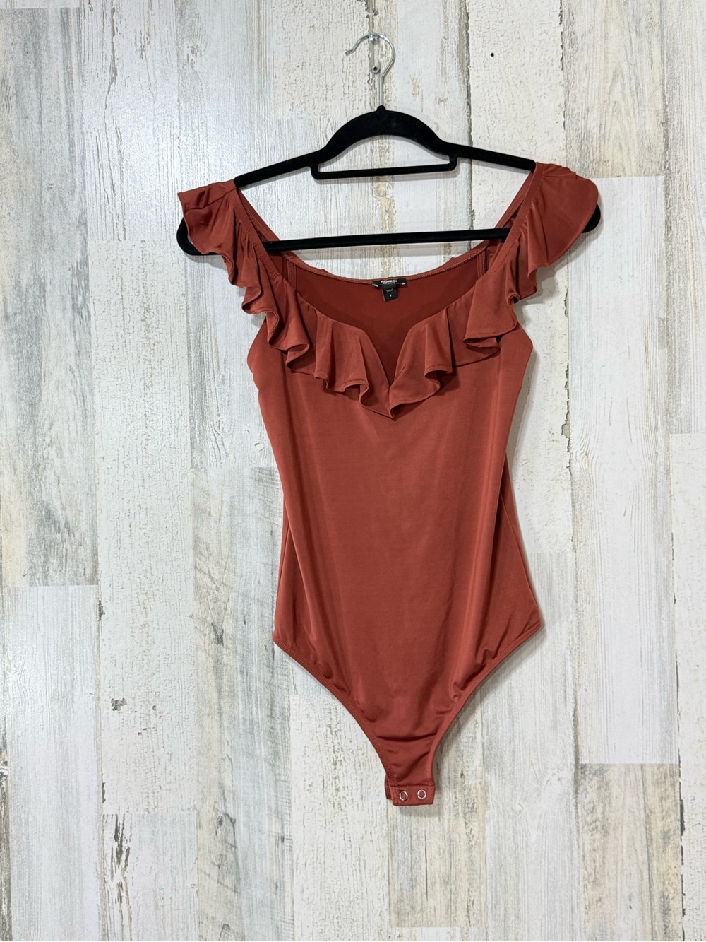 Express Contour Rusty Orange Off-Shoulder Ruffle Bodysuit